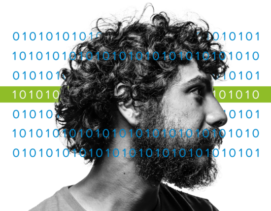 A man's head surrounded by ones and zeroes with one line of the numbers organized within a green bar, representing making sense of unstructured data