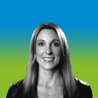 Head of Marketing Blakely Strickland's headshot with a blue and green gradient background
