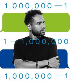 A man is surrounded by numbers to represent Commonly Well's ability to customize their offerings with any number of participants from one to one million